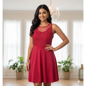 GRACE KARIN Red Lace Cocktail Dress Mesh Neckline Medium - perfect Valentine’s